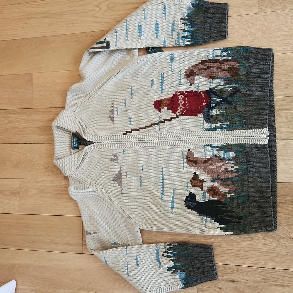 Vintage 90s Lauren Ralph Lauren Hand Knit Cowichan Scenic Landscape Dog Sweater